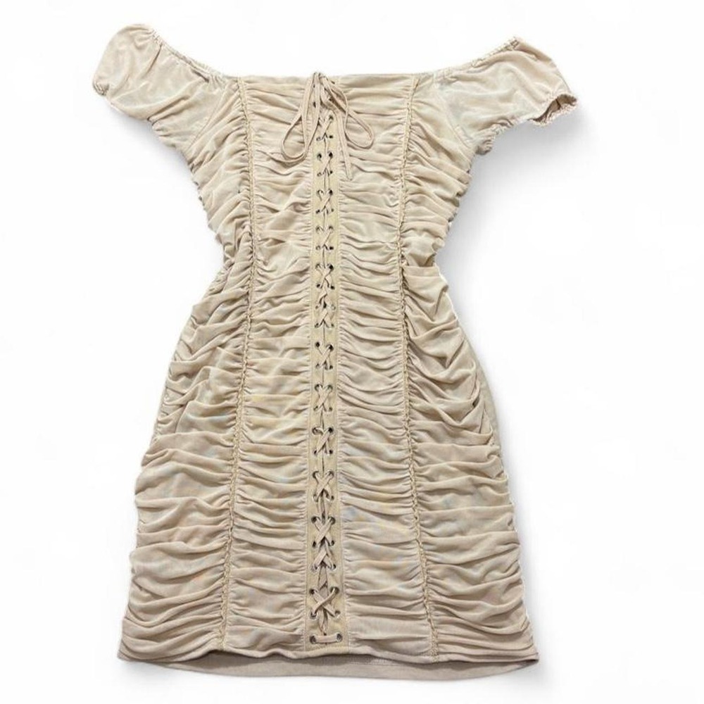 Bodycon Mini Dress Ruched Off-The-Shoulder Lace Beige Party Fashion Nova  XL